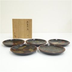 輪島塗 菓子皿5客 魚文揃蒔絵 北浜一清 共箱入 漆芸 漆器 伝統工芸品