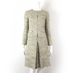 エポカ EPOCA スカートスーツ 上下 セットアップ ツイード 羊毛 ウール モヘア ノーカラー ジャケット ボックスプリーツ スカート M 38 ベージュ イエロー こげ茶色 美品