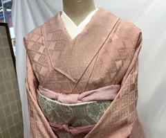 着物バッグセット　トールサイズ　正絹　地模様　一つ紋　サーモンピンク　お茶会