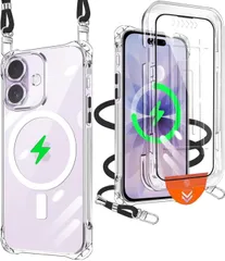 iPhone 17 用 ケース クリア  アイフォン17 ケース ショルダー ストラップ付 Magsafe対応 マグネット搭載 携帯カバー 耐衝撃 全面保護 紐付き 肩がけ 首掛け 縄掛けケース TPU
