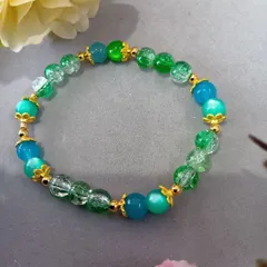 ハンドメイドビーズブレスレット／グリーン×ブルー×ゴールドパーツ／17cm／レディース