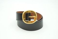 美品☆HERMES エルメス レザーベルト 黒茶 〇N刻印 本革 ゴールド金具