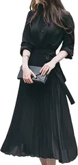 NEIMAN BY(ニーマンバイ) プリーツ ワンピ 無地 ロング丈 ワンピース シフォン 大人 長袖 丸襟 襟付き 丸首 体型 カバー ユッタリ カジュアル 可愛い おしゃれ エレガント 細身 セクシー 清楚服 (ブラック,  M)