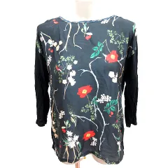 ザラ ZARA カットソー Uネック 七分袖 総柄 M 黒 ブラック /RT