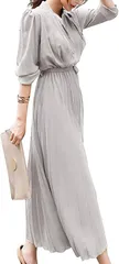 NEIMAN BY(ニーマンバイ) プリーツ ワンピ 無地 ロング丈 ワンピース シフォン 大人 長袖 丸襟 襟付き 丸首 体型 カバー ユッタリ カジュアル 可愛い おしゃれ エレガント 細身 セクシー 清楚服 (グレー,  L)