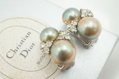 クリスチャン ディオール ヴィンテージ パール イヤリング ラインストーン装飾 シルバー金具 グレー Christian Dior 5140j