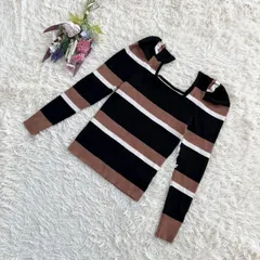 フォロワー限定お得なクーポン配布中！ 『SHEIN』シーイン　ニットセーター　長袖　ボーダー　スクエアネック　パフスリーブ　タイト　黒　ブラウン(L)