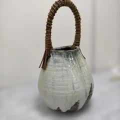 和モダン 竹持ち手付き陶器花器 作家印あり フラワーベース 花瓶 大型 インテリア 置物 焼き物 260217-13T