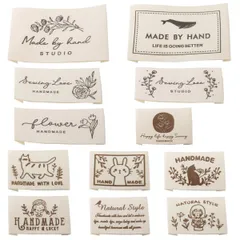 (A) 英文 Handmade ポーチ/衣類/帽子などに飾り 手芸 手作り 縫製 DIY おしゃれ かわいい コットン ネコ フラワー 猫 お花 ラベル ワッペン ロゴ 綿 12種セット タグ ハンドメイド用