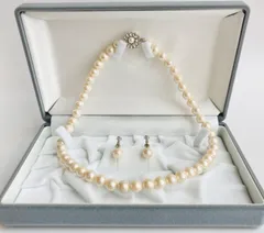 貝磨きパールネックレスセット/8mm約42cm+8mmイヤリング/ベージュクリーム/ケース付き/made in japan