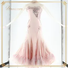 社交ダンス 衣装 スタンダードドレス ワンピース ドレス スタンダード ファー くすみピンク デモ 競技 パーティ ピンク系 フェザー フリル フェミニン 可愛い 上品 エレガント 競技用 衣装 発表会 おしゃれ