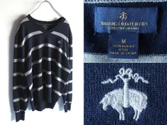 美品 BROOKS BROTHERS ブルックスブラザーズ ゴールデンフリース/羊ロゴ刺繍 メリノウール Vネック ボーダーニット M ネイビー グレー 紺灰