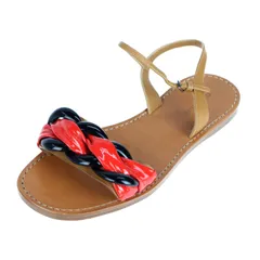 超美品 MIUMIU ミュウミュウ フラットサンダル サンダル 5X336A ＃36 1/2 レザー エナメル ブラウン レッド ブラック アンクルストラップ 参考23.5cm