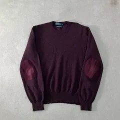 100 ポロラルフローレン エルボー パッチ バーガンディ ウール ニット