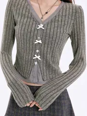 リボンレイヤードカーディガン（春新商品、ニット地）