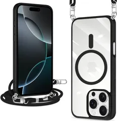 iPhone 16 Pro ケース クリア ショルダー MagSafe対応 ワイヤレス充電 アクリル背面 耐衝撃 マグネット搭載 アイフォン16プロ ケース マグセーフ対応 耐久性 滑り止め 黄変防止（ブラック）