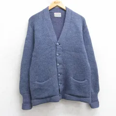 M/古着 長袖 ビンテージ ニット カーディガン メンズ 50年代 50s レタード  無地 紺 25dec26
