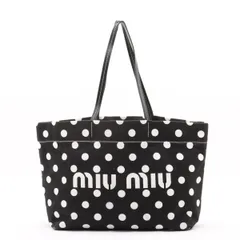 美品 ミュウミュウ ドット 柄 キャンバス トート バッグ 肩掛け ショルダー ハンド レザー ブラック 黒 A4 レディース MMM DN50-4【中古】