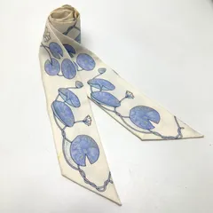 【楠本質店/元住吉】エルメス/HERMES　ツイリー　スカーフ　FLEURS DE LOTOS　蓮の花　シルク100％　ホワイト系　ブルー系　レディース　クリーニング済　.【中古】