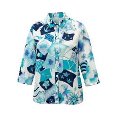 77b17 LEONARD レオナール ロングスリーブシャツ シースルー 総柄プリント 0531133 40サイズ ホワイト ブルー コットン100％ レディース 女性用u02t