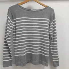 ks214◆新品✨INED イネド 長袖ニット (M) グレー、ホワイト ボートネック ストライプ柄 レーヨン混合 札付き