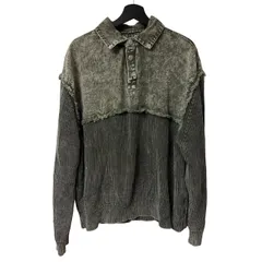 B080 ZARA コンビ ニットトップス デニム風 切替 ウォッシュ加工 XL カーキ / オリーブ