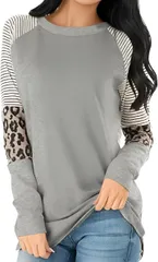 BLANK BLANC ブランクブラン レディース ロングtシャツ カットソー 長袖 レオパード柄 レディーストップス 大人カジュアル 私服 5A-B05-LGM (ライトグレー,  M)