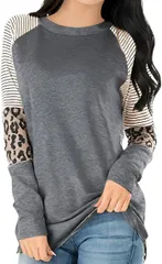 BLANK BLANC ブランクブラン レディース ロングtシャツ カットソー 長袖 レオパード柄 ストリートtシャツ ビジネス ダンス シニア 5A-B05-DGL (ダークグレー,  L)