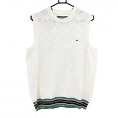 【超美品】トミーヒルフィガー ニットベスト 白系 総柄 メッシュ調 裾ボーダー Vネック メンズ LL ゴルフウェア Tommy Hilfiger Golf