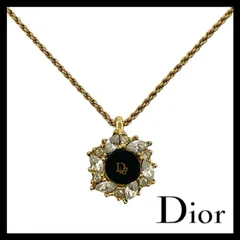 Y【Dior】ロゴ ネックレス ゴールド/金カラー ブラック ラインストーン ヴィンテージ ペンダント Christian Dior/クリスチャンディオール (64272A12a)