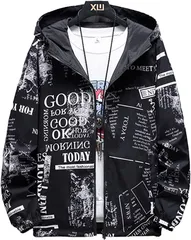 amatsu アマツ リバーシブル ジップアップ パーカー ウインドブレーカー カジュアル アウター 柄 メンズ (ブラック/ホワイト,  S)