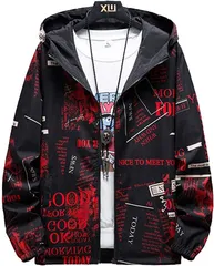 amatsu アマツ リバーシブル ジップアップ パーカー ウインドブレーカー カジュアル アウター 柄 メンズ (ブラック/レッド,  S)