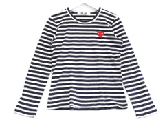 【222166】PLAY COMME des GARCONS プレイコムデギャルソン  綿天竺ボーダー　クルーネック　カットソー 長袖　ワンポイントロゴ M ネイビー