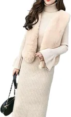 SLOW＆MELLOW フェイク ファー ベスト レディース ジレ ふわふわ 暖かい カジュアル エコファー もこもこ きれいめ 大人 可愛い 防寒対策 3カラー トップス ニット 温かい シンプル 無地 秋 (ベージュ,  Free Size)