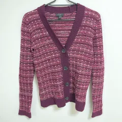 【220129】ANN TAYLOR アンテイラー  長袖カーディガン　ニット　編み込み　コットン100％　サイズXSP  ・ レッド系