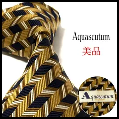 アクアスキュータム  ネクタイ  光沢  ストライプ  ブランド  ネイビー×ゴールド×ホワイト×ブラウン  紺 金 白 茶  シルク  日本製  ビジネス  結婚式  美品  AQUASCUTUM