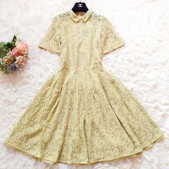 美品　セルフォード　CELFORD　膝丈　ワンピース　ドレス　レース　ペイズリ　フレア　襟付き　半袖　ジップロゴ　ライム　36　S　パーティー　オケージョン　結婚式　お呼ばれ　二次会