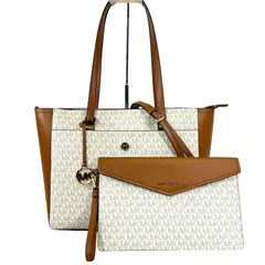 【美品・A4対応】Michael Kors マイケルコース MAISIE メイジー 3点セット バンドル 3way 3IN1 トートバッグ ラージ MK シグネチャー ロゴ 総柄 PVC クラッチバッグ ポーチ ホワイト ブラウン ゴールド金具