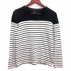 シップス SHIPS Tシャツ カットソー クルーネック切替 ワッフル地 ボーダー 長袖 S 白 ホワイト 紺 ネイビー /YK