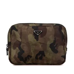 プラダ カモフラージュ 三角ロゴプレート クラッチバッグ セカンドバッグ グリーン カーキ ナイロン レザー レディース PRADA【1-0192444】