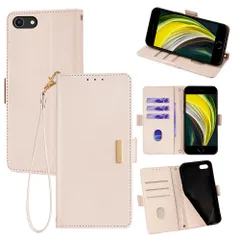 iPhone7/iPhone8/iPhoneSE2/iPhoneSE3 手帳型スマホケース レディース｜高見え金属プレート付き｜腕ストラップ付き｜多機種対応 【アイボリーホワイト WJT】