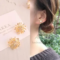 18kgp◆spark Flower earringスパークフラワー　樹脂イヤリング    パールビジューラインストーン樹脂ピアス金属アレルギーノンホール韓国可愛い