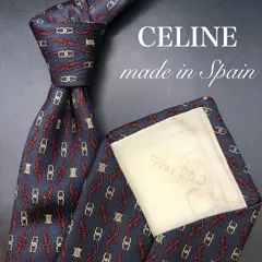 【美品】CELINEネクタイ チェーン柄 総柄ネイビー レッド 紺 赤シルク