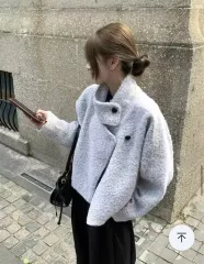 スカイグレー スタンドカラー ウールコート