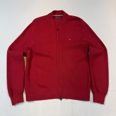 S) トミーヒルフィガー プレミアムコットン ニット ジップアップ レッド 2wayジッパー