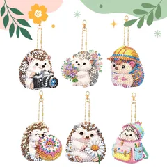 LOMSIOY ダイヤモンドアート キーホルダーキット 6個ダイヤモンドアート ハリネズミ・両面DIY｜初心者向け手作り かわいい ハリネズミ ビーズアート｜小さいサイズで簡単完成・付属道具完備（トレイ・粘着泥・ダイヤモンド・チェーン）｜キーホルダーとして使え