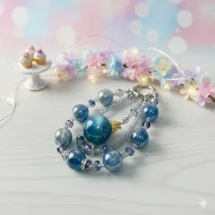 【碧の雫】銀河を纏う三連ビーズチャーム / 大粒マーブル＆クリスタル深海ブルーと煌めきのスマホホルダーバッグチャーム新品未使用即納
