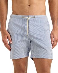 Orlebar Brown Men's Bulldog Drawcord Seersucker 6 Swim Trunks in Blue and White