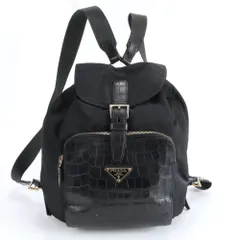 美品 プラダ テスート ナイロン クロコダイル エンボス レザー リュックサック ショルダー バッグ ブラック レディース EUM DN12-3【中古】
