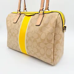 【良品】COACH y2k signature stripe tote handbag yellow シグネチャーストライプ ナンシーサッチェル トートバッグ ハンドバッグ 黄